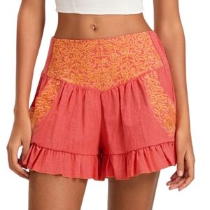 Akoee Watermelon Red Ruffle Hem High Waist Short Embroidered Pockets Size M